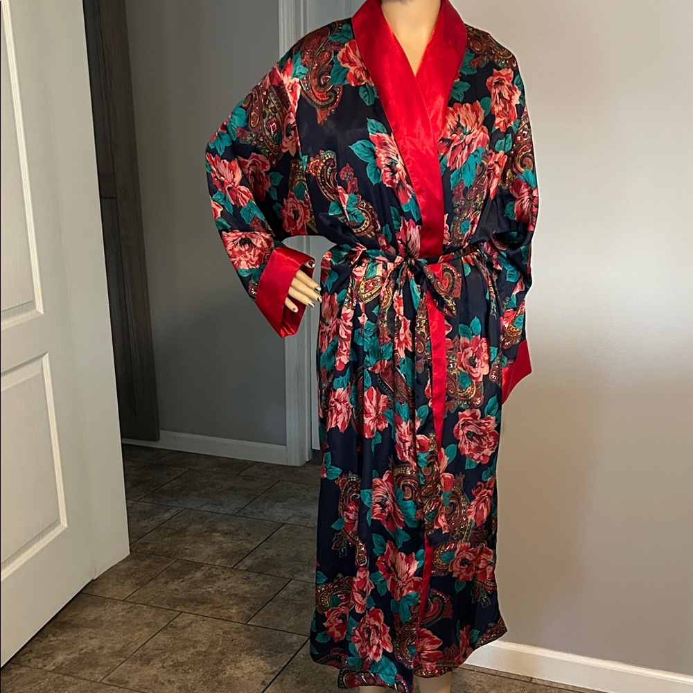Victoria's Secret Vintage  Gold Label  Floral Satin Robe with Red and Black